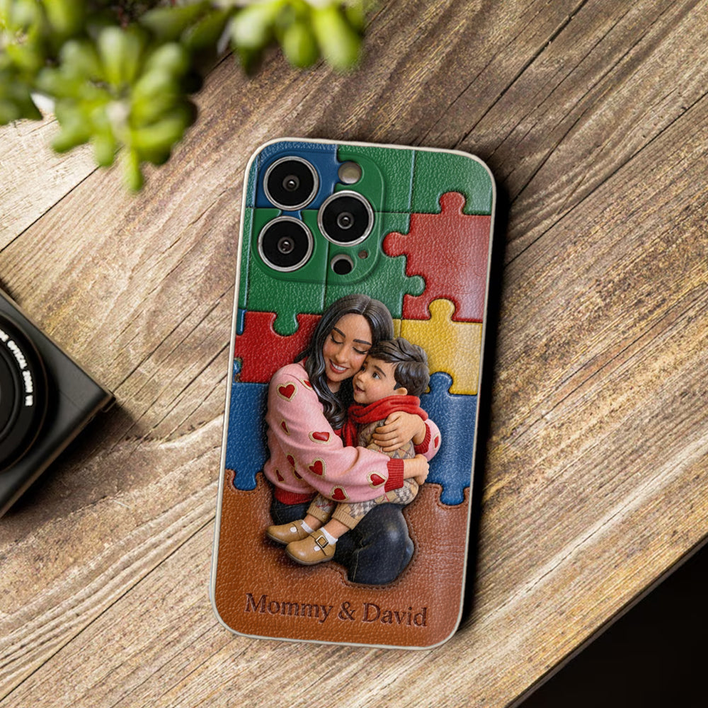 Autism Mom - Personalized Autism Awareness 3D Embossed Leather Phone Case