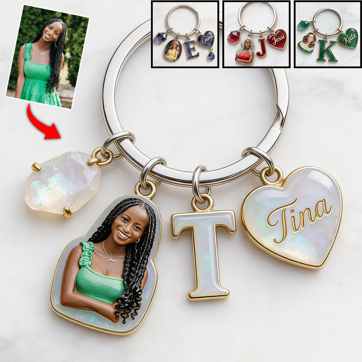 Custom Any Photo Birthstone Style - Personalized Birth Stone Keychain With Charms