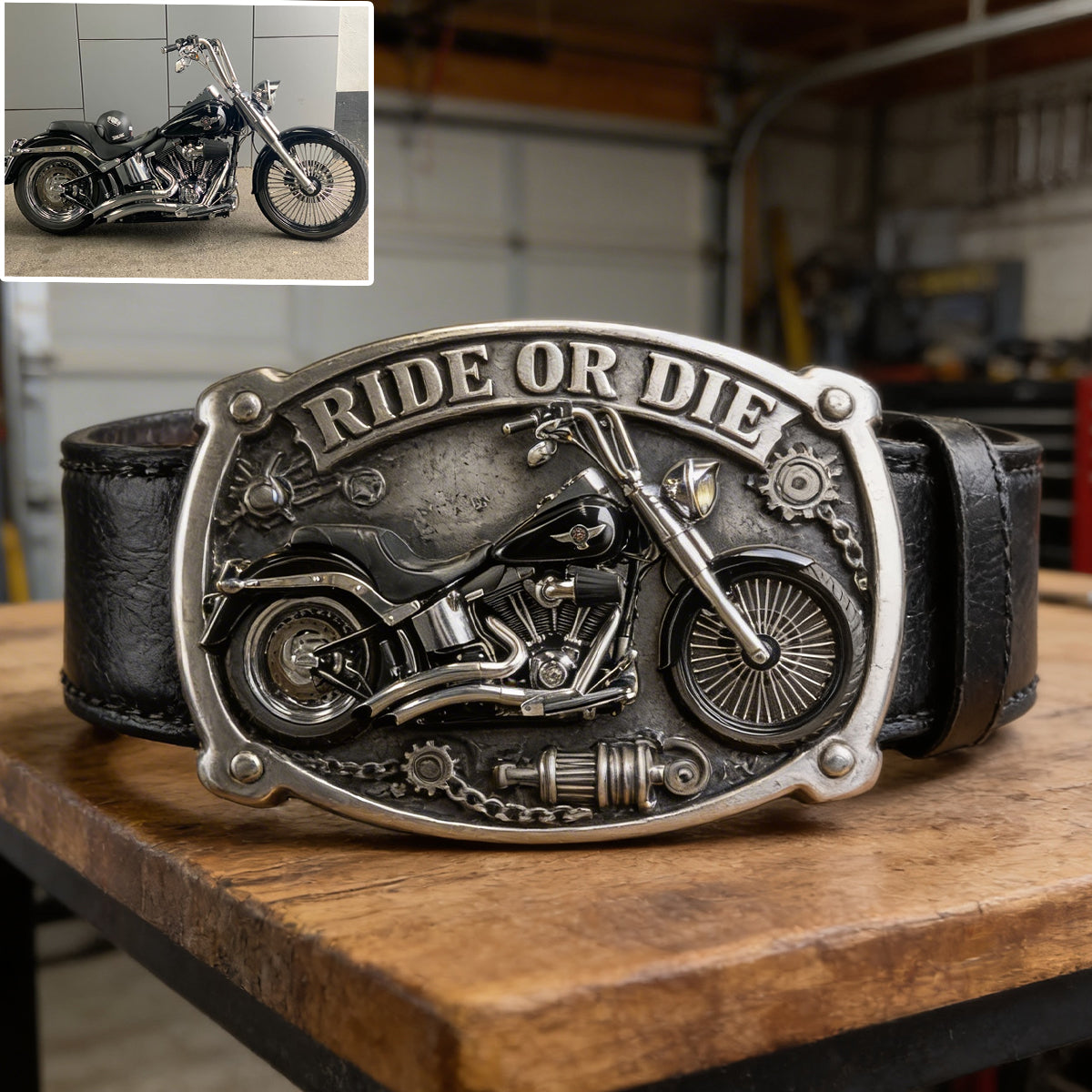 Custom From Any Photo - Personalized Biker Leather Belt With Shaped Buckle