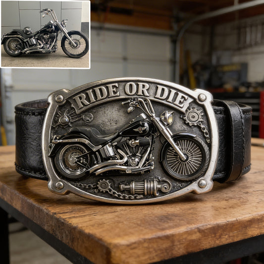 Custom From Any Photo - Personalized Biker Leather Belt With Shaped Buckle