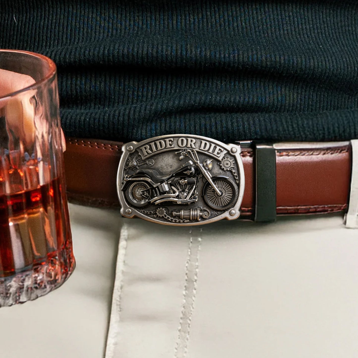 Custom From Any Photo - Personalized Biker Leather Belt With Shaped Buckle