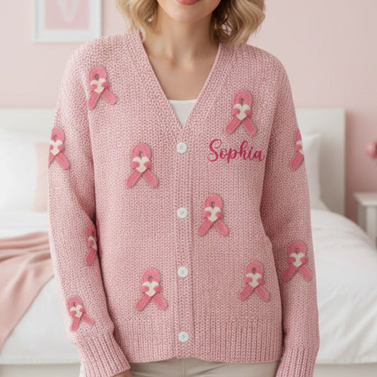 Breast Cancer Awareness Ribbon - Personalized Breast Cancer Awareness Cardigan Sweater