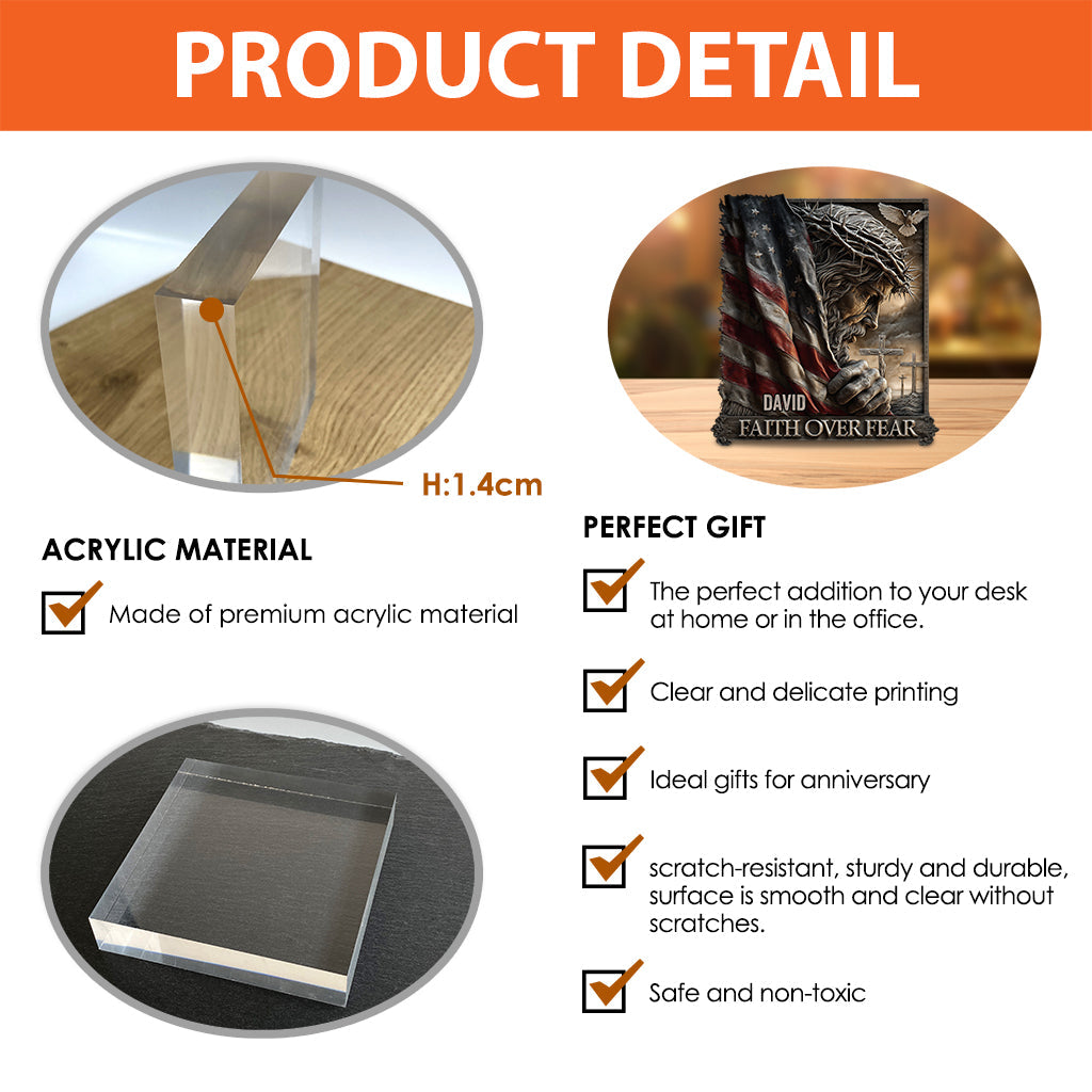 Jesus – Amerikanischer Glaube überwindet Angst – Personalisierte christliche Acrylplakette in individueller Form