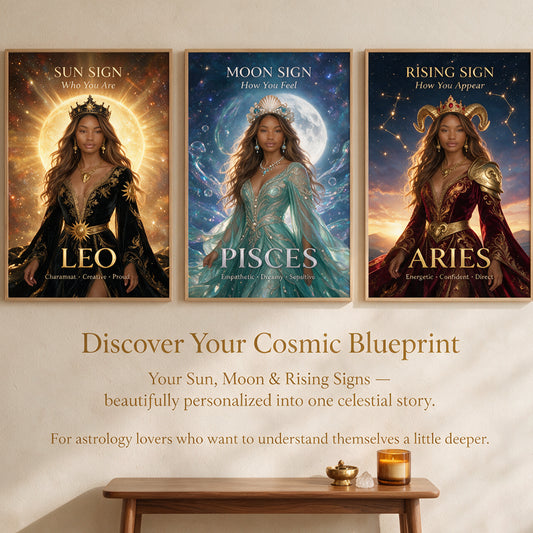 Personalisierte Sonne, Mond & Aszendent Zeichen - Horoskop Poster & Leinwand Set
