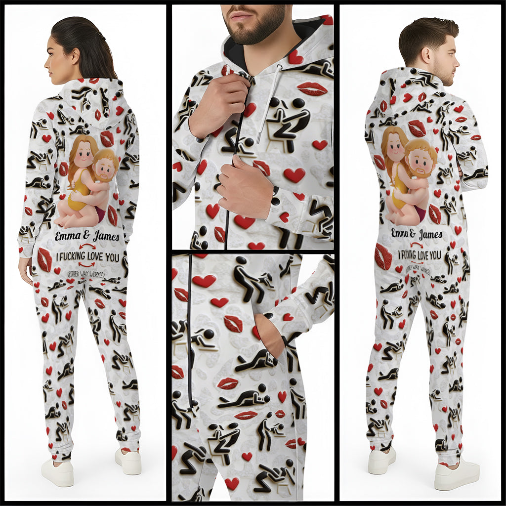 Ich liebe dich – Personalisierter, pikanter Kapuzenoverall für Paare