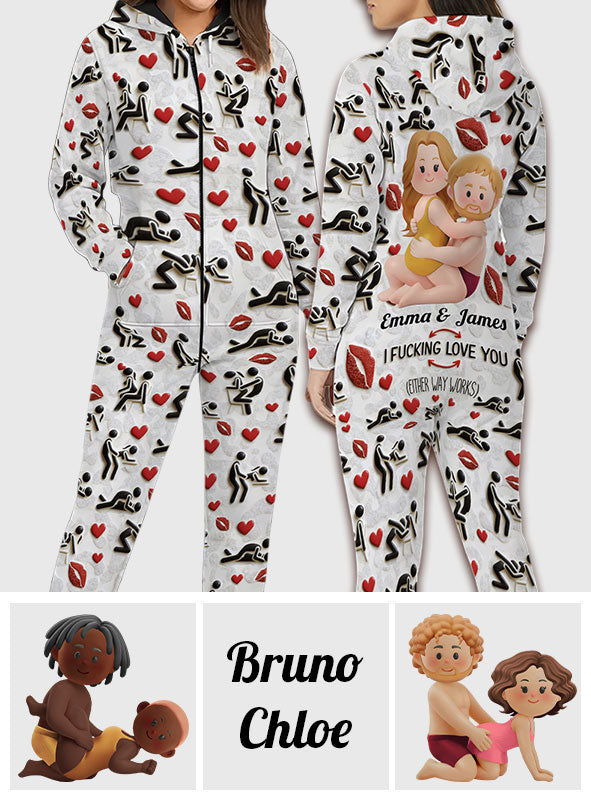 Ich liebe dich – Personalisierter, pikanter Kapuzenoverall für Paare