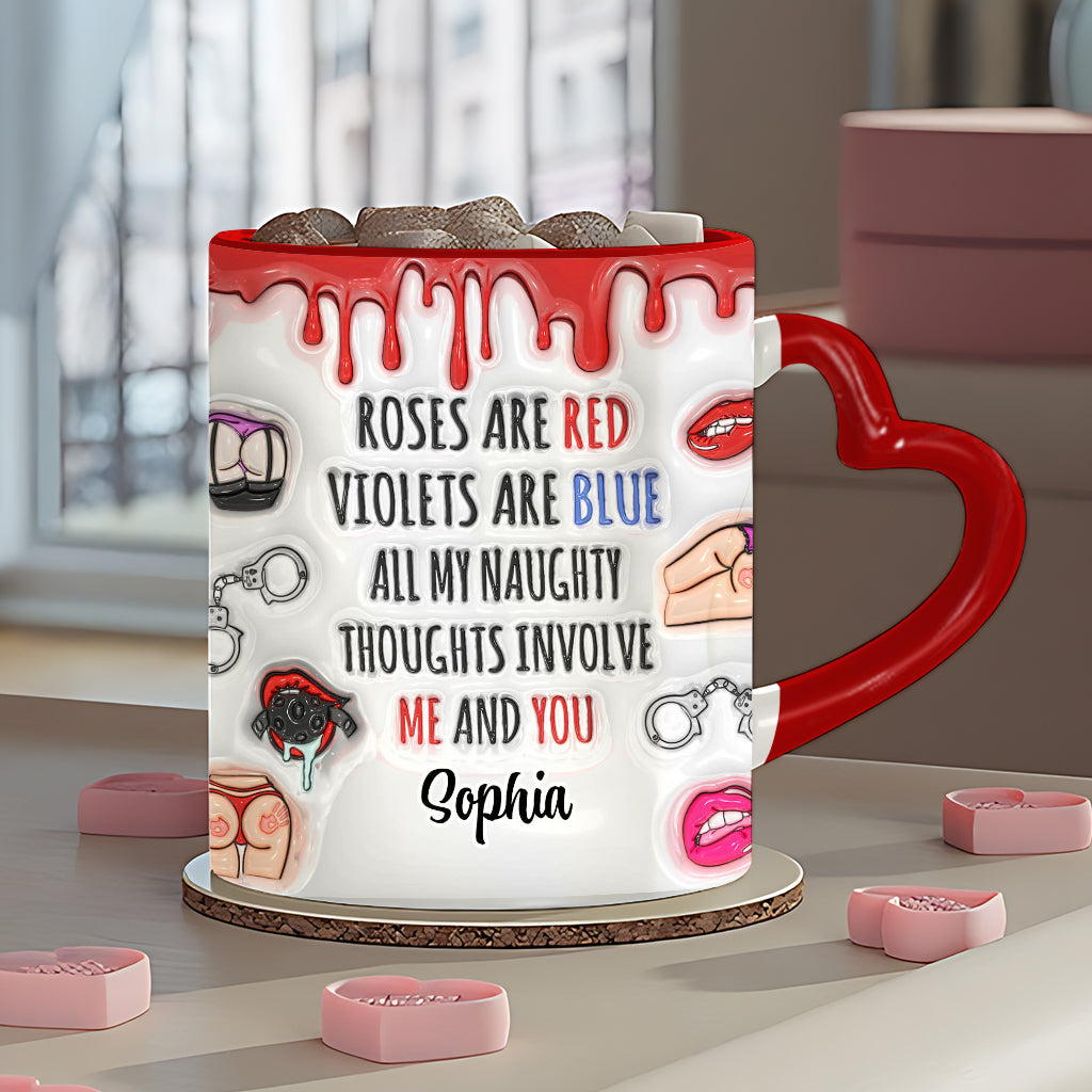 Alle meine schmutzigen Gedanken drehen sich um mich und dich – personalisierte Tasse mit Herzgriff für Paare