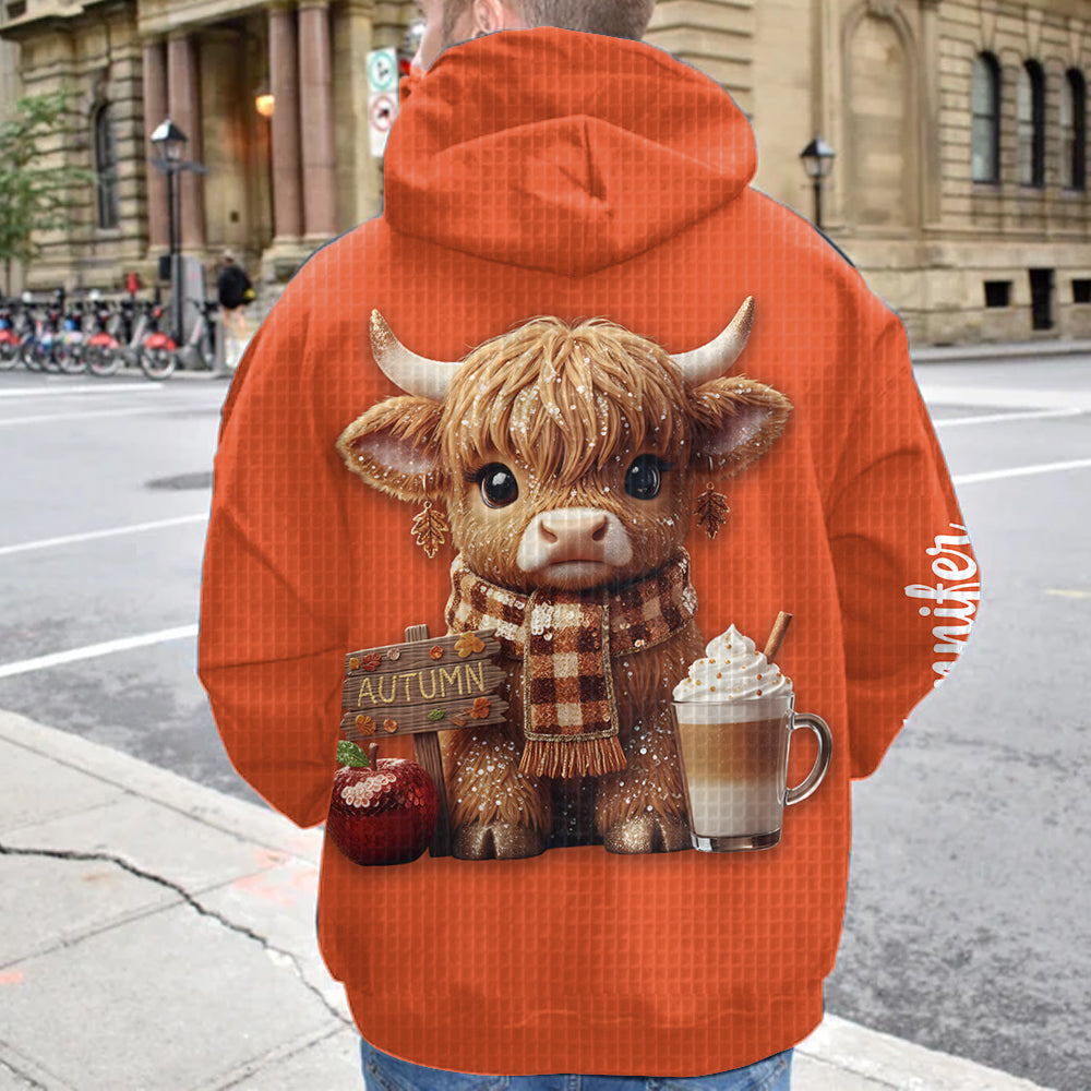 Autumn Highland Cow - Personalized Highland Cow Waffle Hoodie