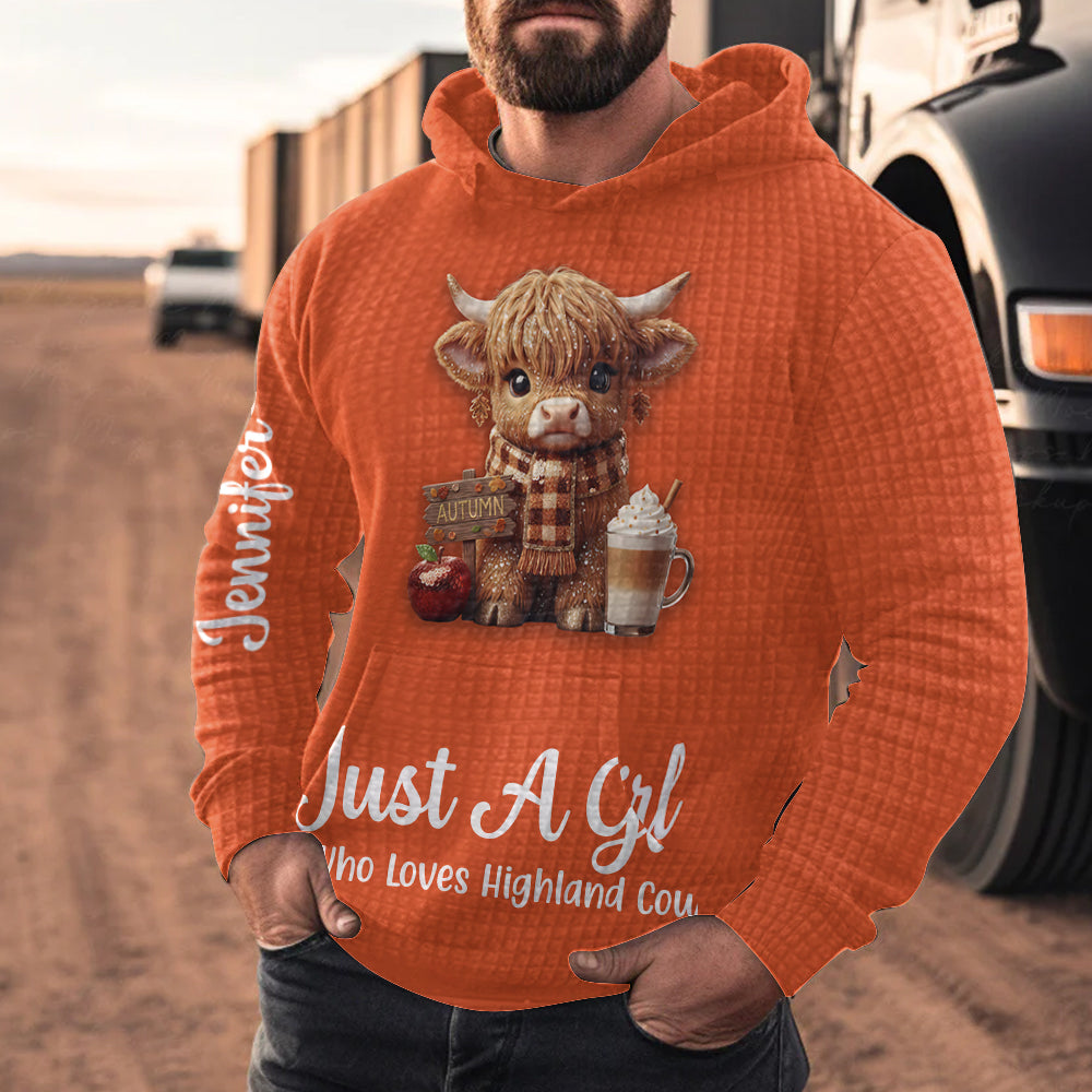 Autumn Highland Cow - Personalized Highland Cow Waffle Hoodie