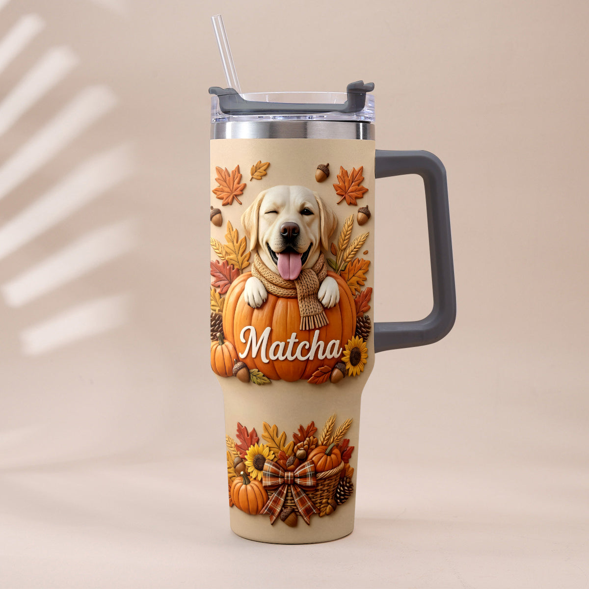 Autumn Snuggles Pumpkin Paws - Personalized Dog Tumbler With Plush Charm