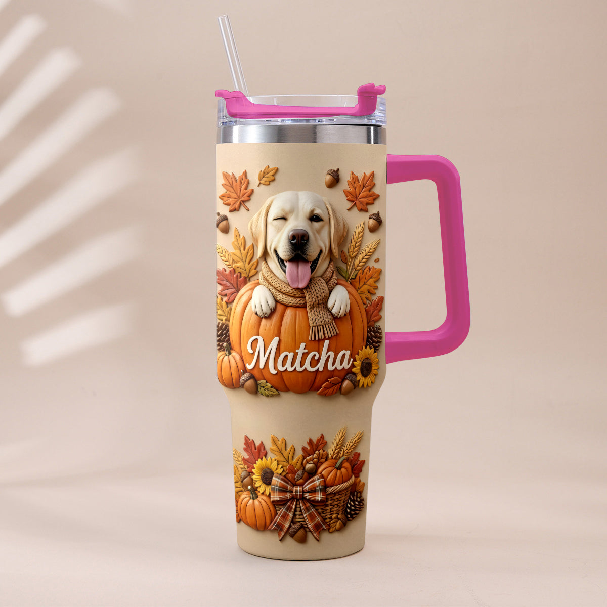 Autumn Snuggles Pumpkin Paws - Personalized Dog Tumbler With Plush Charm