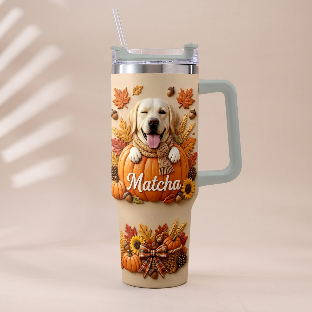 Autumn Snuggles Pumpkin Paws - Personalized Dog Tumbler With Plush Charm