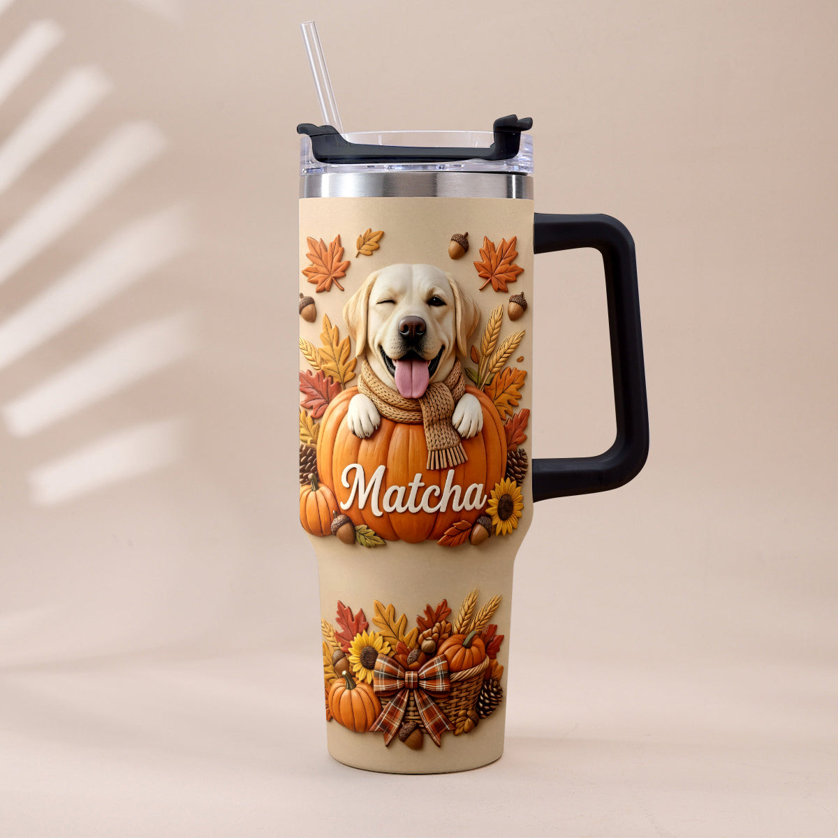 Autumn Snuggles Pumpkin Paws - Personalized Dog Tumbler With Plush Charm
