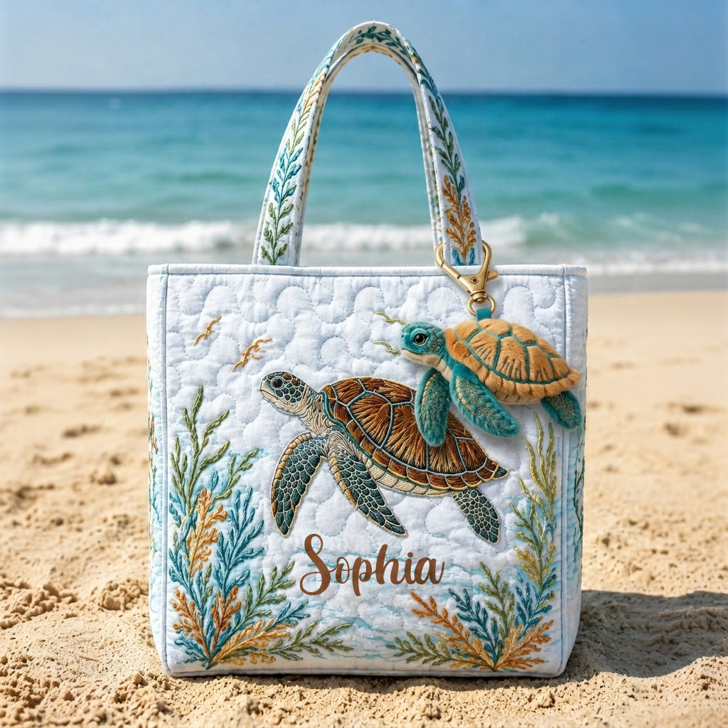 Meeresschildkröten Set Tasche mit Charm - Personalisierte gesteppten Tragetasche mit Plüsch Charm