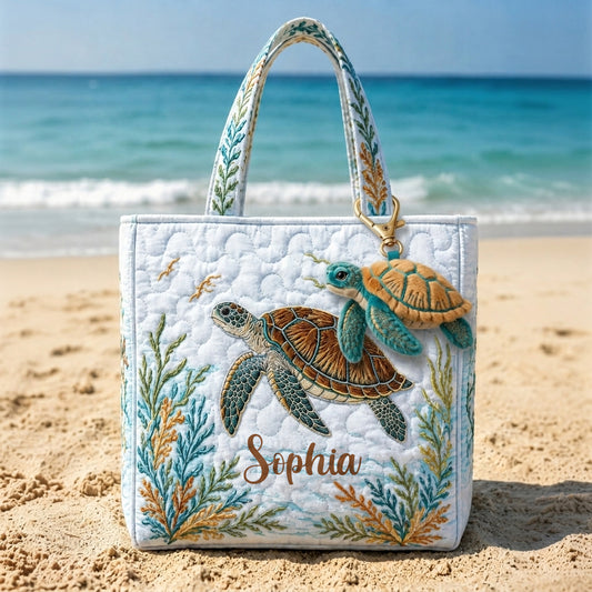 Meeresschildkröten Set Tasche mit Charm - Personalisierte gesteppten Tragetasche mit Plüsch Charm