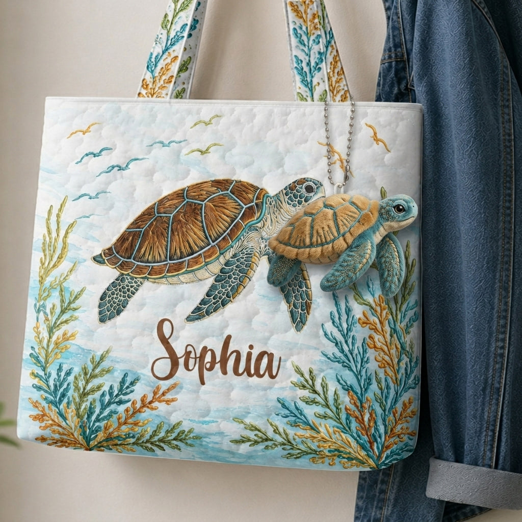 Meeresschildkröten Set Tasche mit Charm - Personalisierte gesteppten Tragetasche mit Plüsch Charm