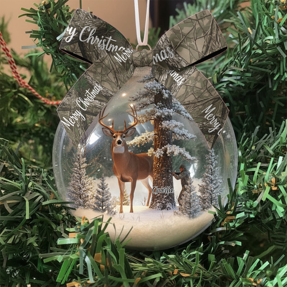 Christmas Gift For Hunters - Personalized Hunting Snow Globe Ornament With Bow