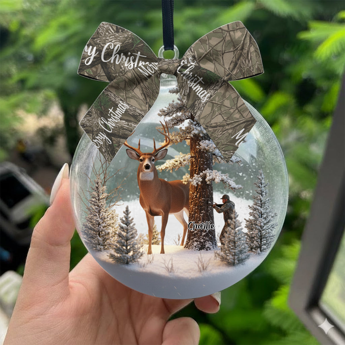 Christmas Gift For Hunters - Personalized Hunting Snow Globe Ornament With Bow