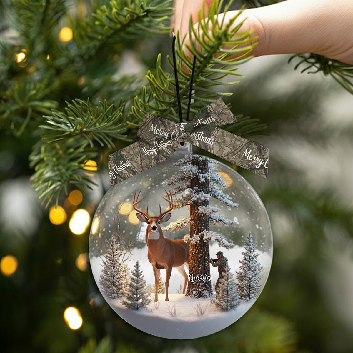 Christmas Gift For Hunters - Personalized Hunting Snow Globe Ornament With Bow