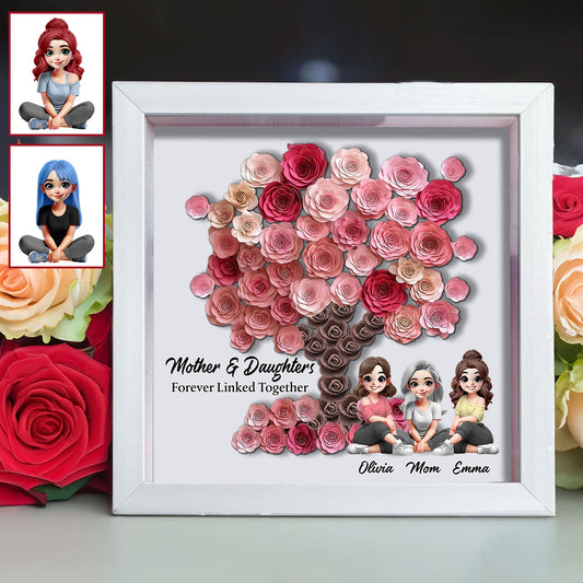 Mutter und Tochter für immer verbunden – personalisierte, individuell gestaltete Blumen-Schattenbox für die Mutter