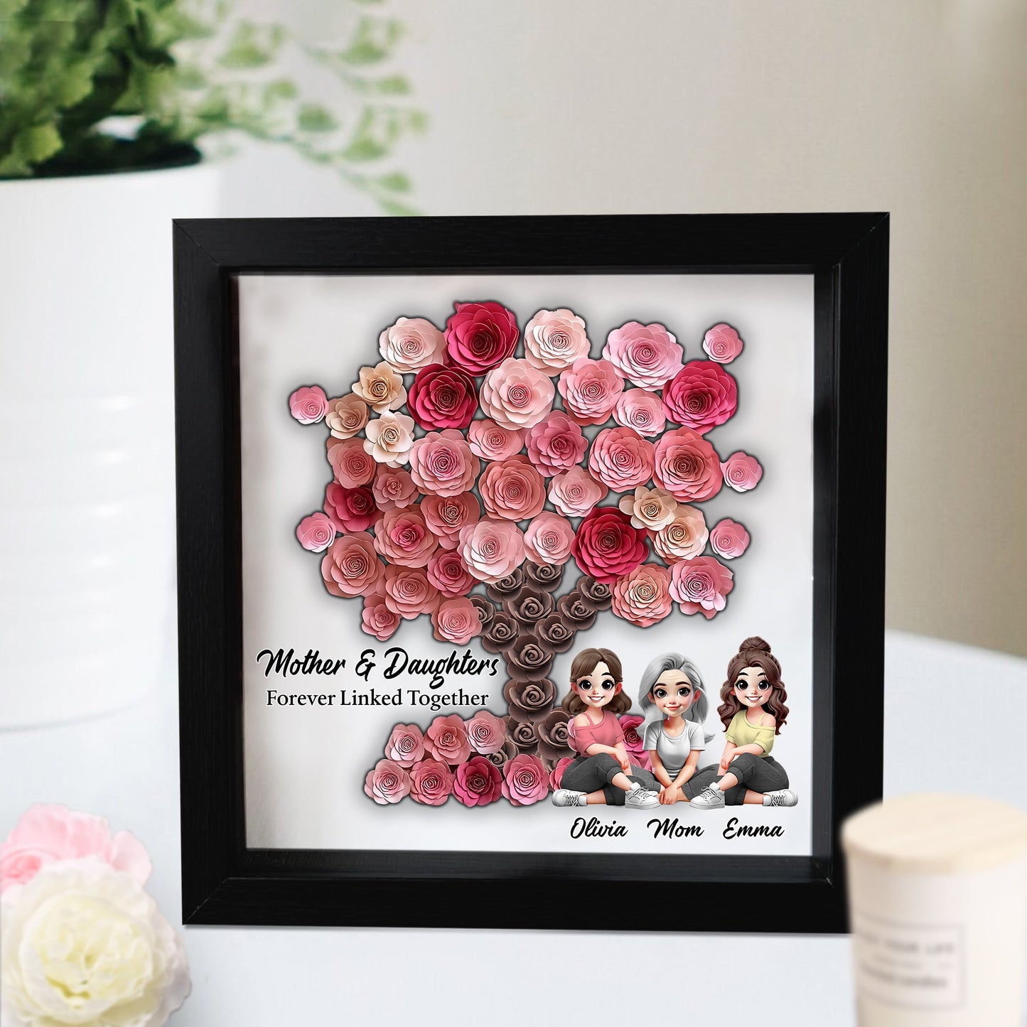 Mutter und Tochter für immer verbunden – personalisierte, individuell gestaltete Blumen-Schattenbox für die Mutter