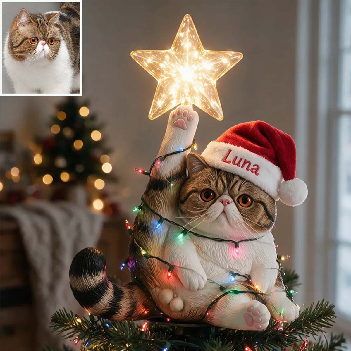 Christmas, Star & Balls - Personalized Cat LED Light Tree Topper