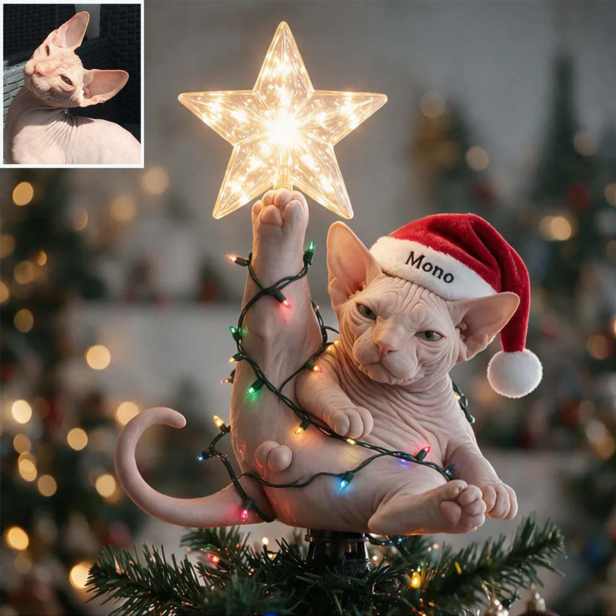 Christmas, Star & Balls - Personalized Cat LED Light Tree Topper