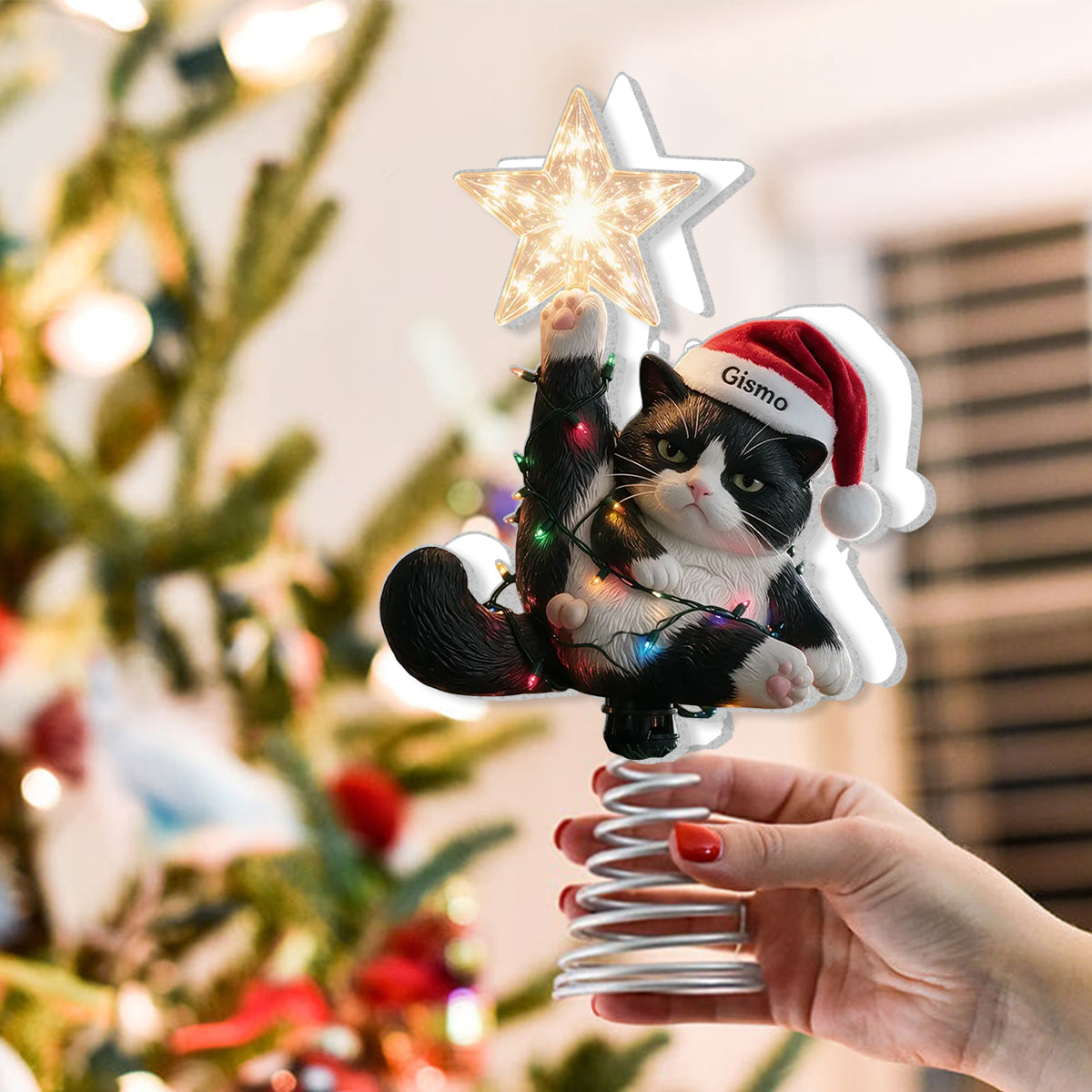 Christmas, Star & Balls - Personalized Cat LED Light Tree Topper