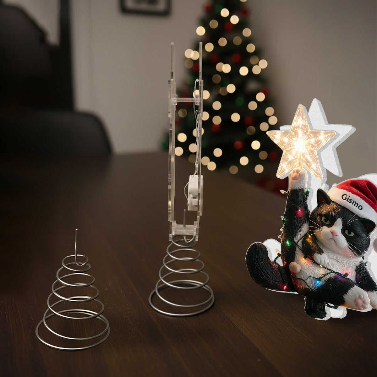 Christmas, Star & Balls - Personalized Cat LED Light Tree Topper