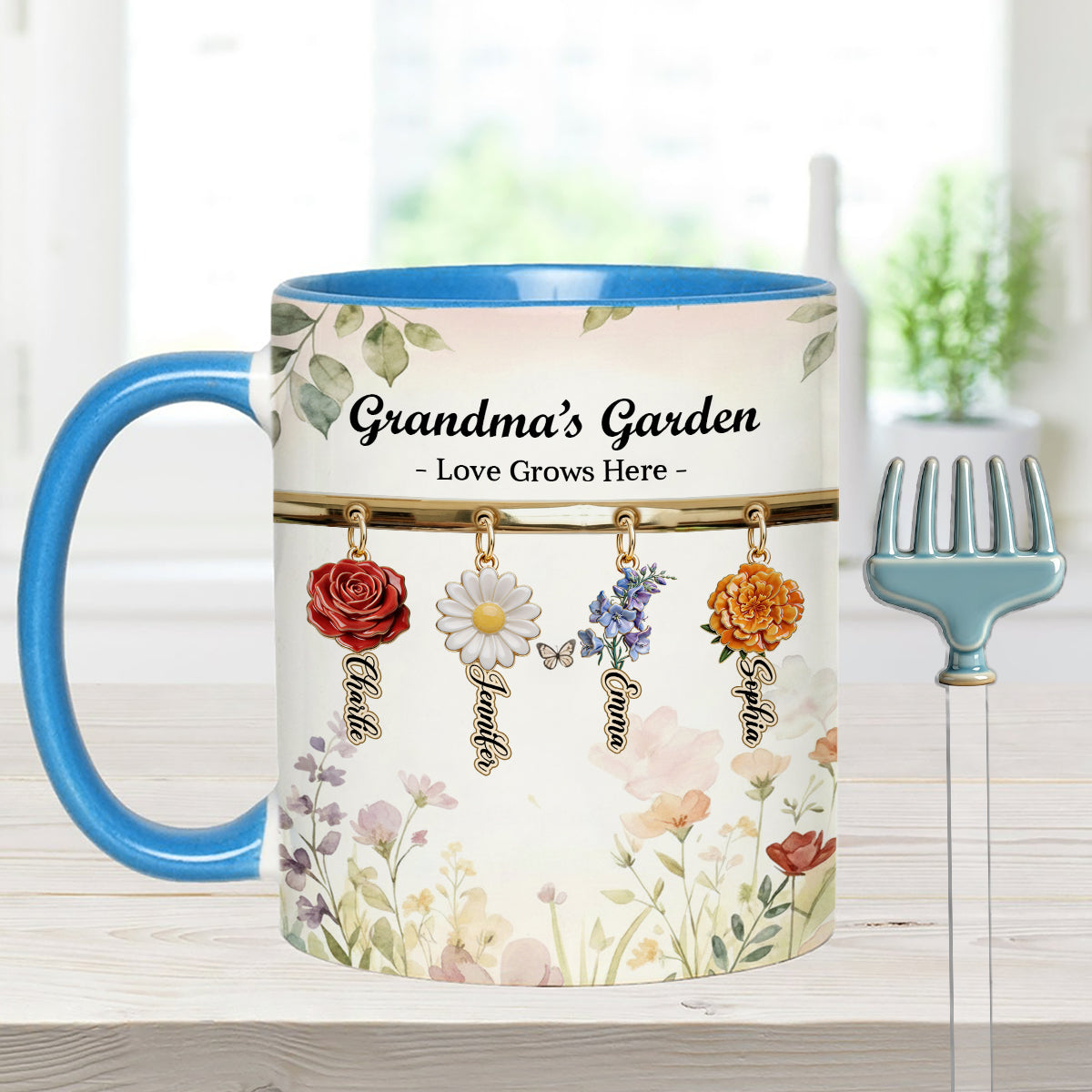 Hier wächst die Liebe – Personalisiertes Oma-Set: Akzentbecher mit Acryl-Rührstäbchen