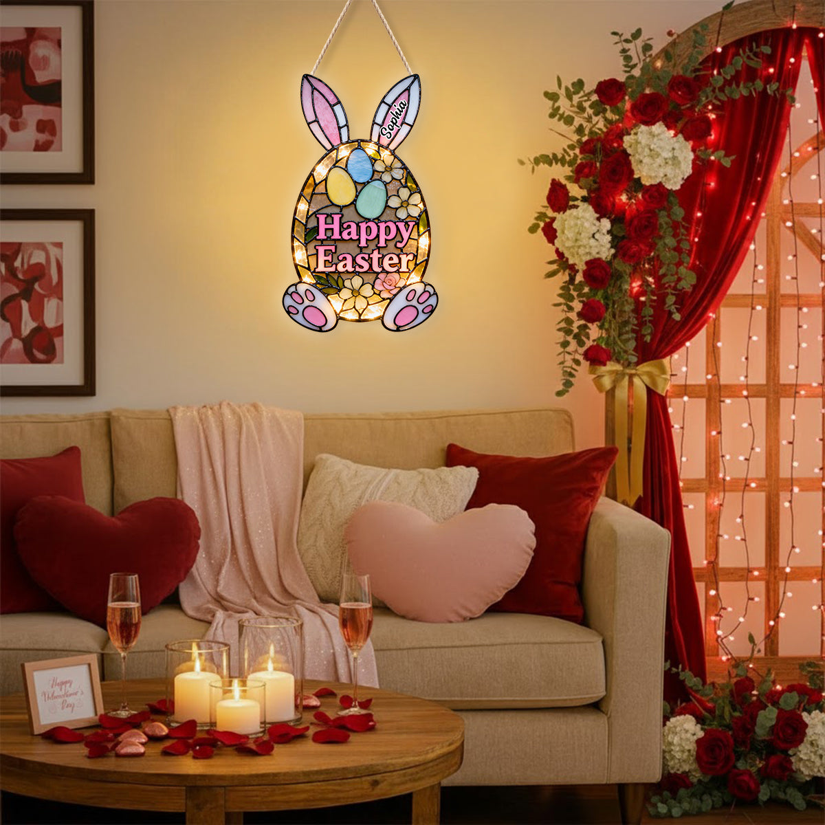 Easter Bunny Decorative Door Sign - Personalized Easter Day LED Light Acrylic Sign