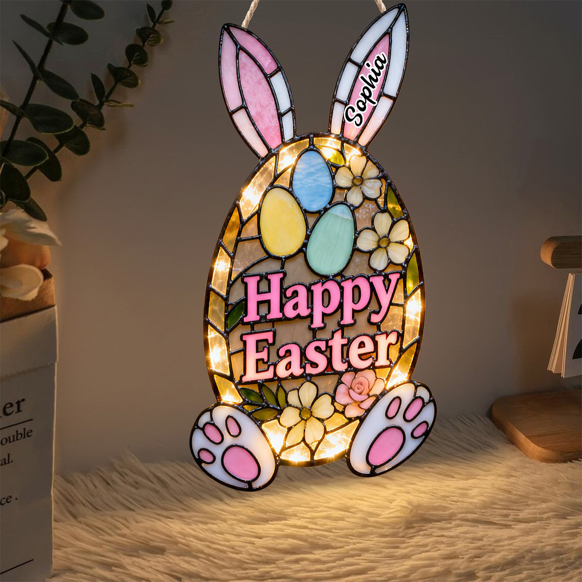 Easter Bunny Decorative Door Sign - Personalized Easter Day LED Light Acrylic Sign
