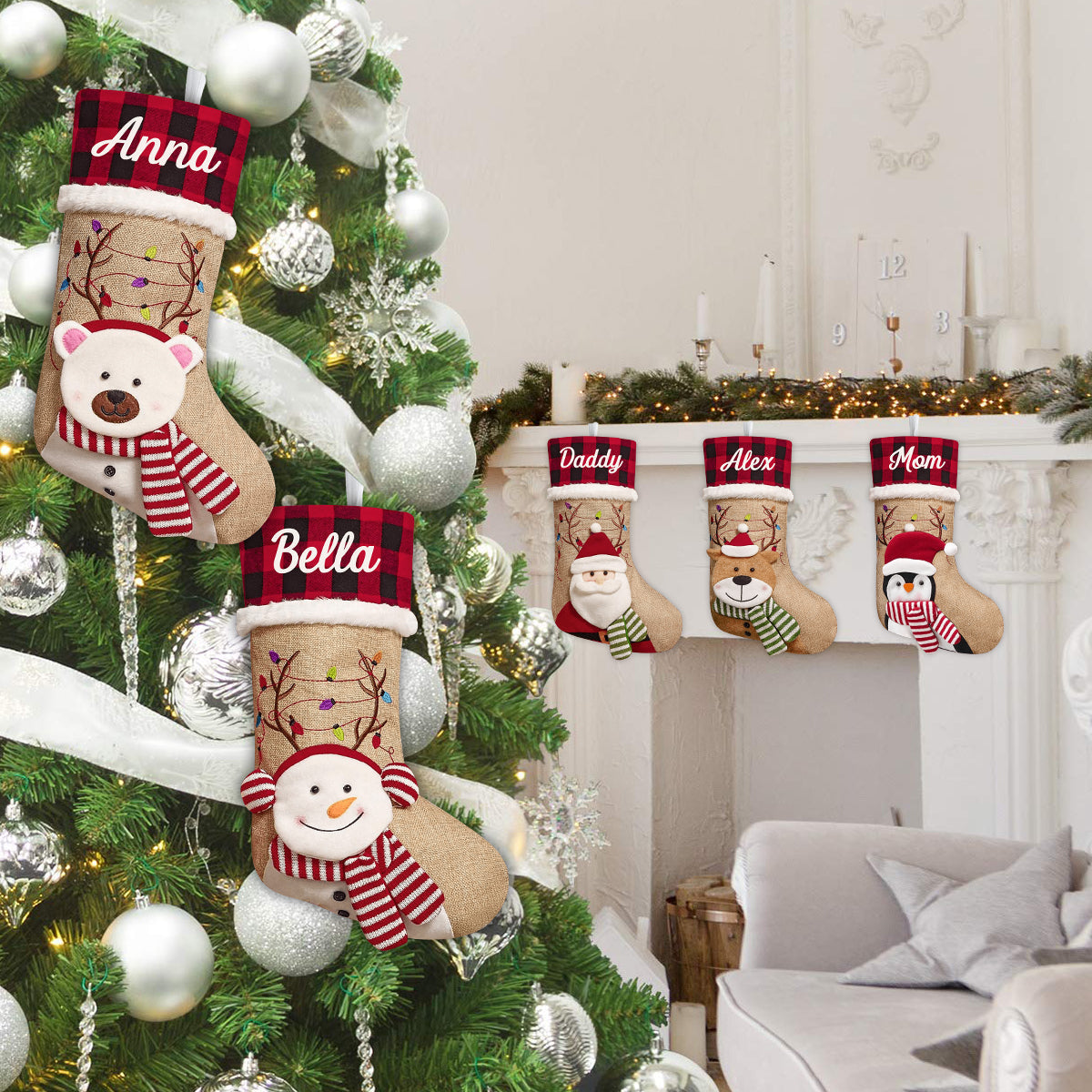 Festliche Stimmung: Weihnachtsmann, Rentier, Elf, Bär, Schneemann – personalisierter Weihnachtsstrumpf in Familienform