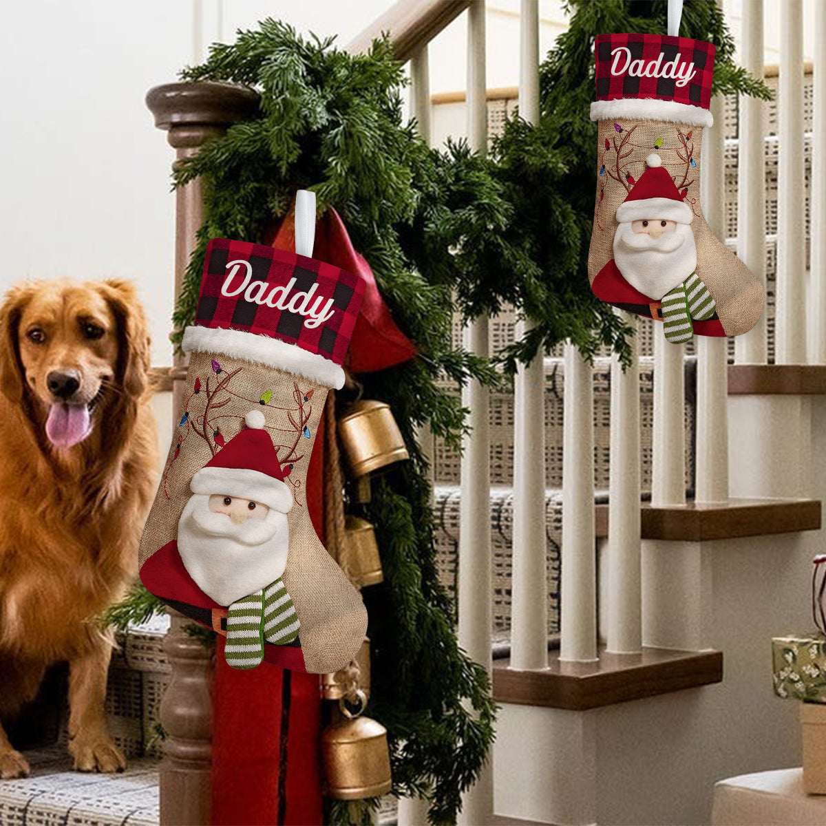 Festliche Stimmung: Weihnachtsmann, Rentier, Elf, Bär, Schneemann – personalisierter Weihnachtsstrumpf in Familienform