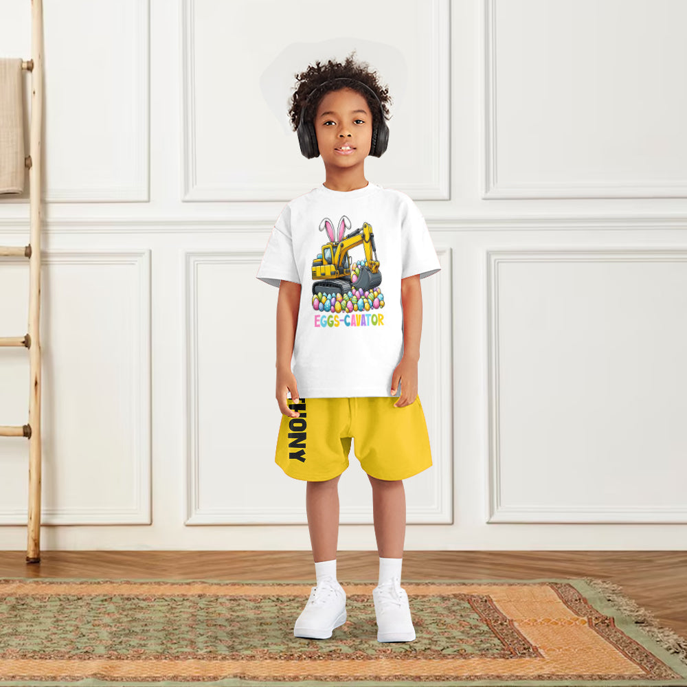 Eggs-Cavator – Personalisiertes Kinder-T-Shirt & Shorts