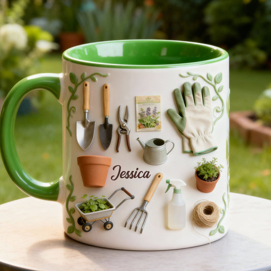 Gartenliebe – Personalisierte Tasse und Untersetzer mit Gartenmotiv