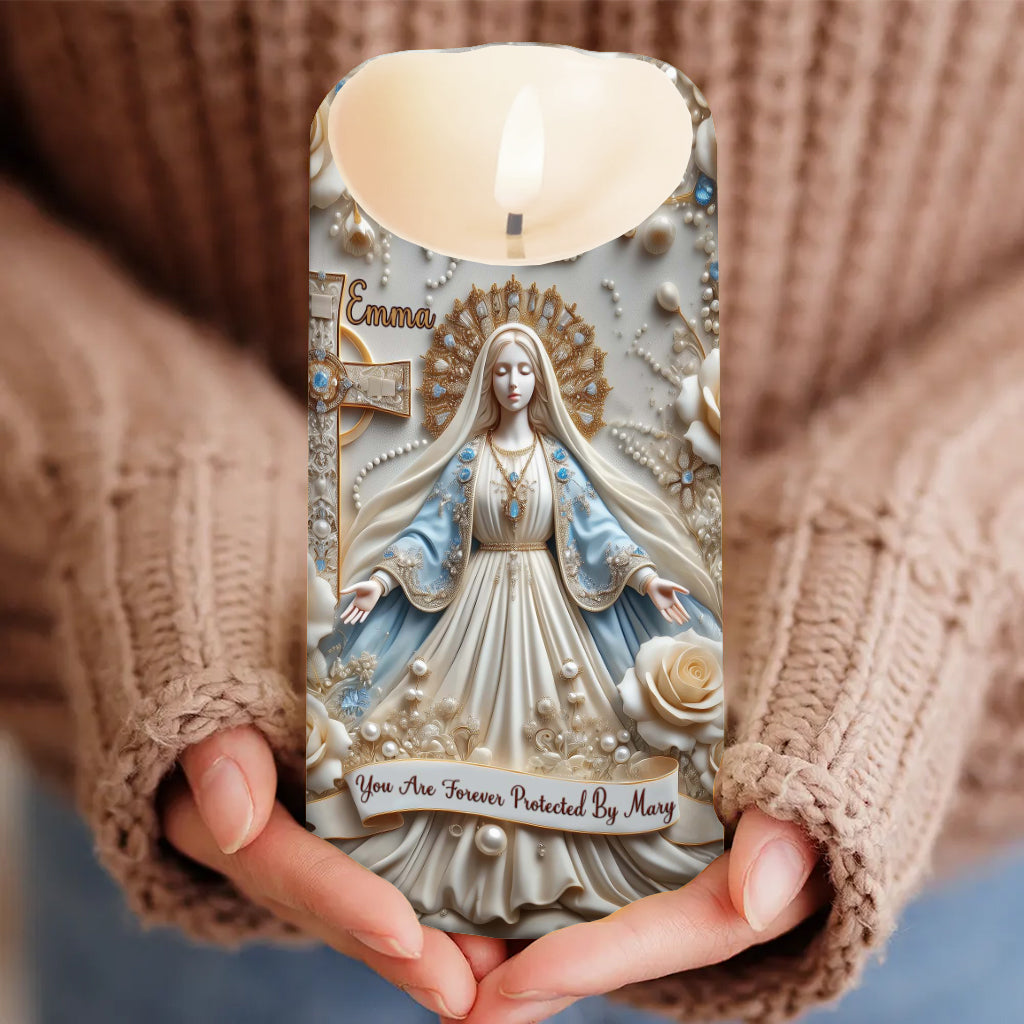 Du bist für immer von Maria beschützt – Personalisierte christliche flammenlose Kerze