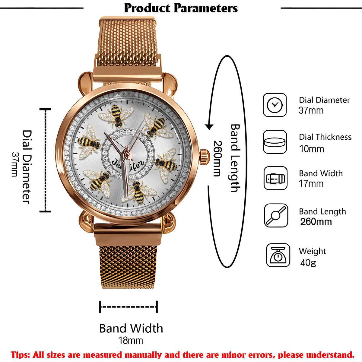 Liebe Bienen – Personalisierte Damen-Handuhr mit Bienenmotiv 