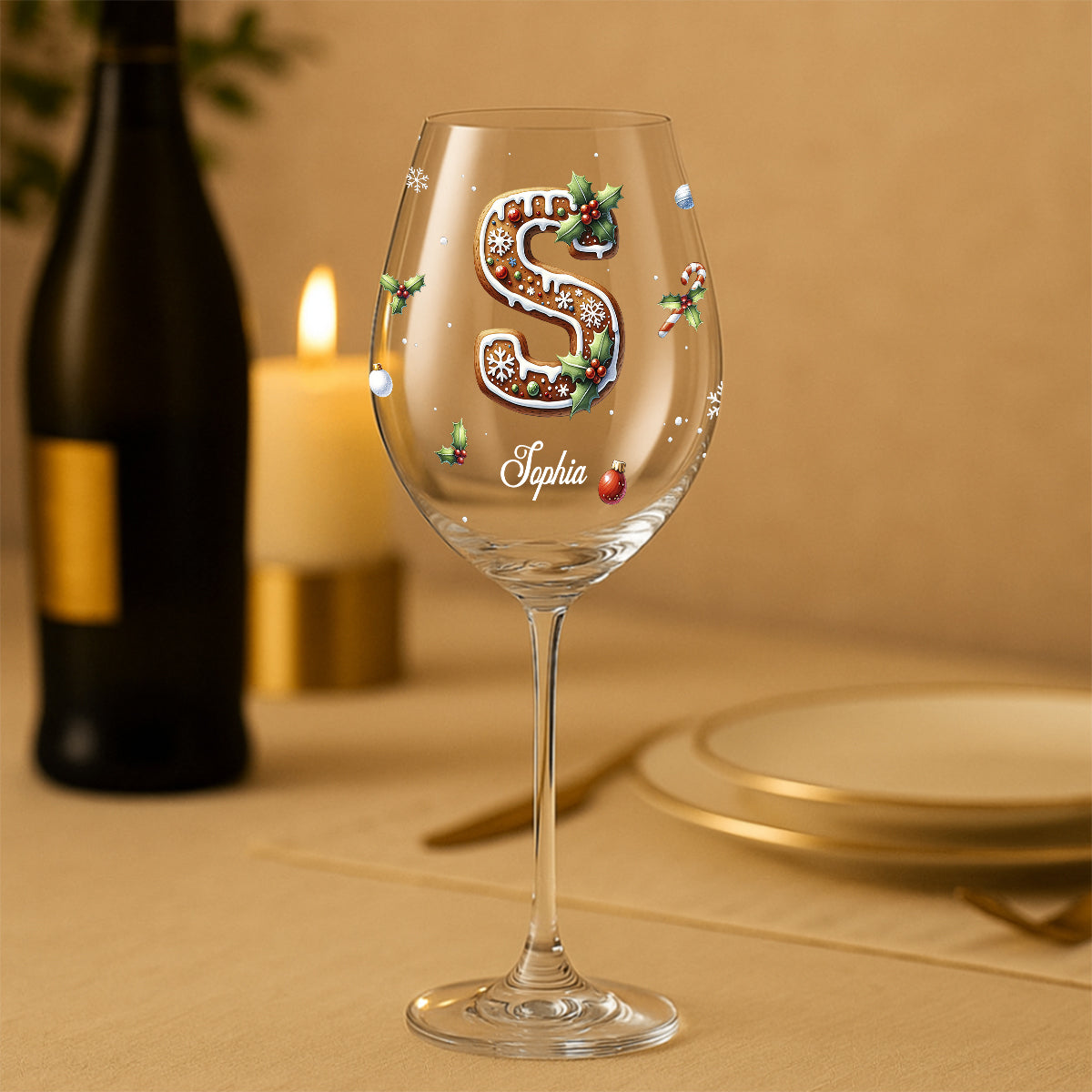 Gingerbread Letter - Personalized Family Wine Glass With Long Stem