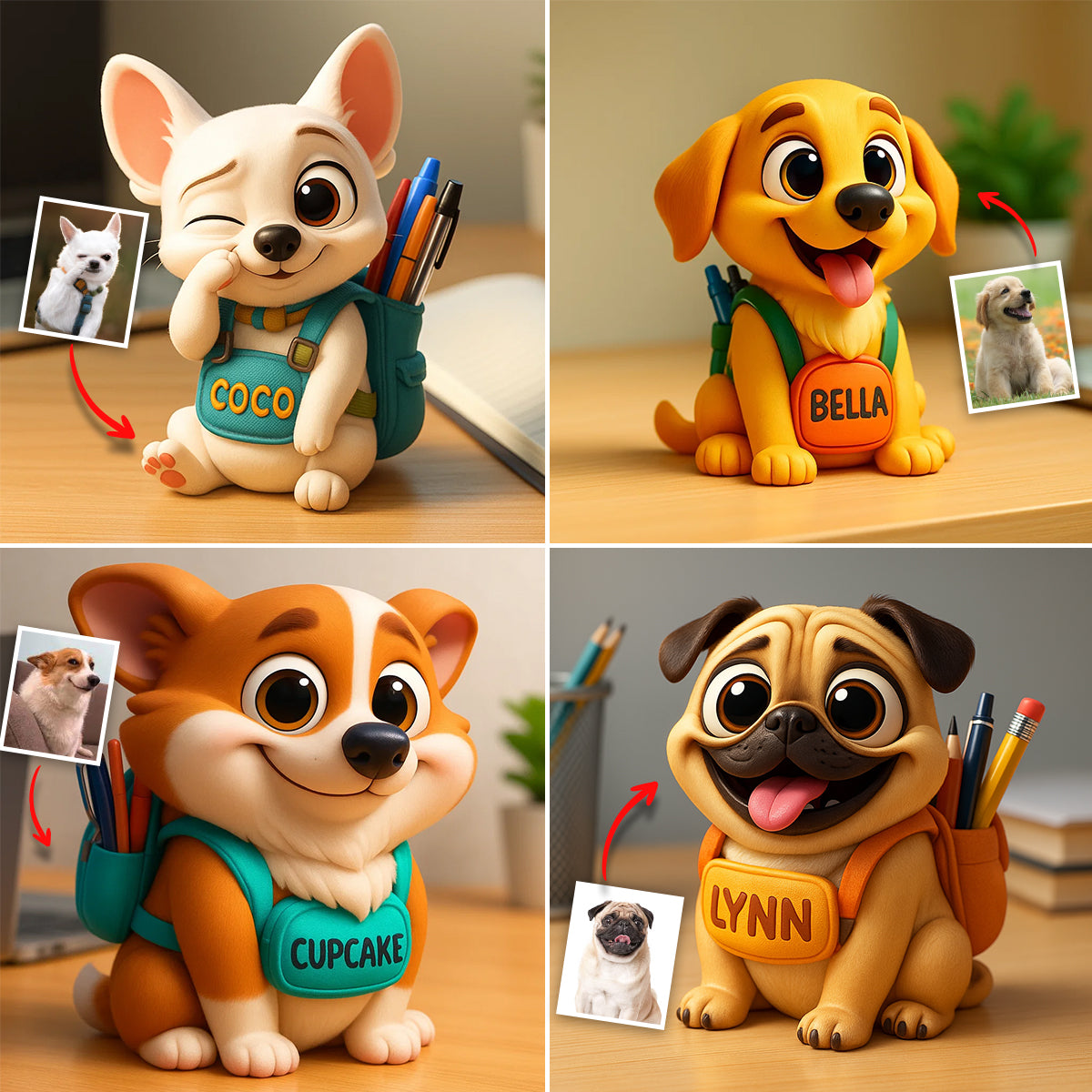 Niedlicher Stiftehalter für den Schreibtisch (Hund/Katze) – Personalisierter Schreibtisch-Organizer aus Holz mit Hundemotiv