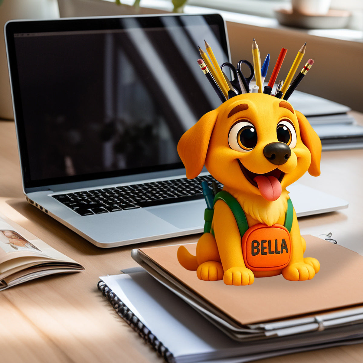 Niedlicher Stiftehalter für den Schreibtisch (Hund/Katze) – Personalisierter Schreibtisch-Organizer aus Holz mit Hundemotiv