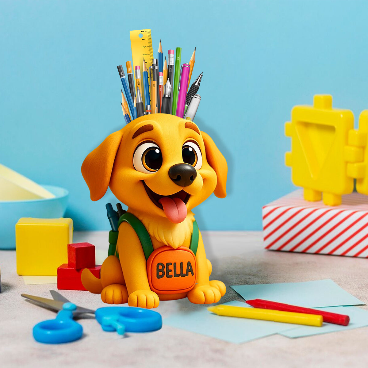 Niedlicher Stiftehalter für den Schreibtisch (Hund/Katze) – Personalisierter Schreibtisch-Organizer aus Holz mit Hundemotiv