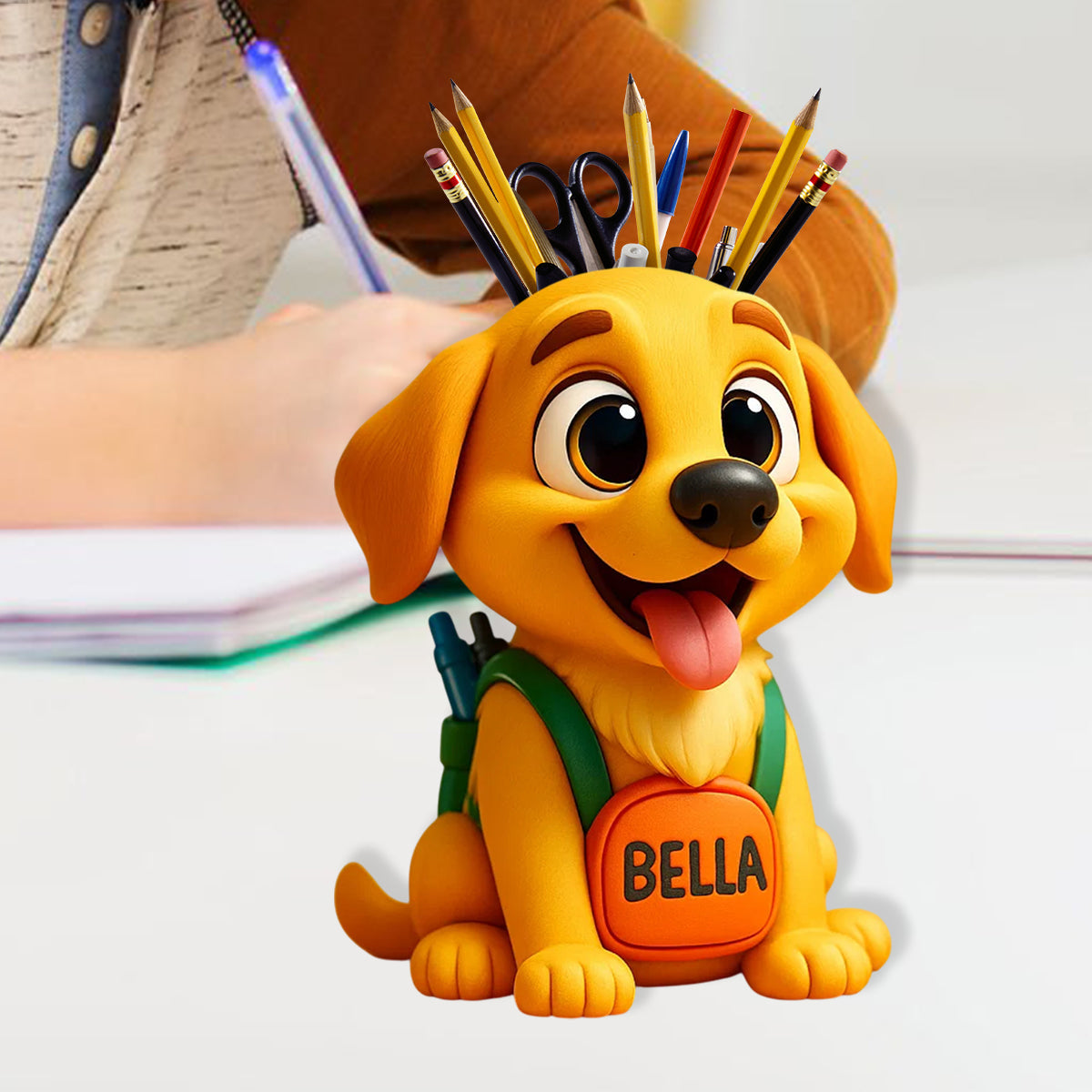 Niedlicher Stiftehalter für den Schreibtisch (Hund/Katze) – Personalisierter Schreibtisch-Organizer aus Holz mit Hundemotiv