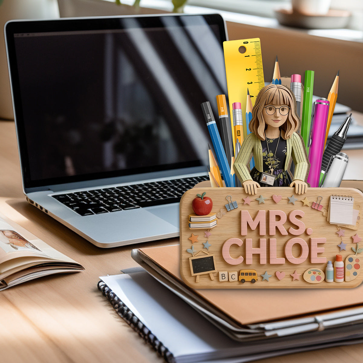 Back To School - Personalized Teacher Wooden Desk Organizer