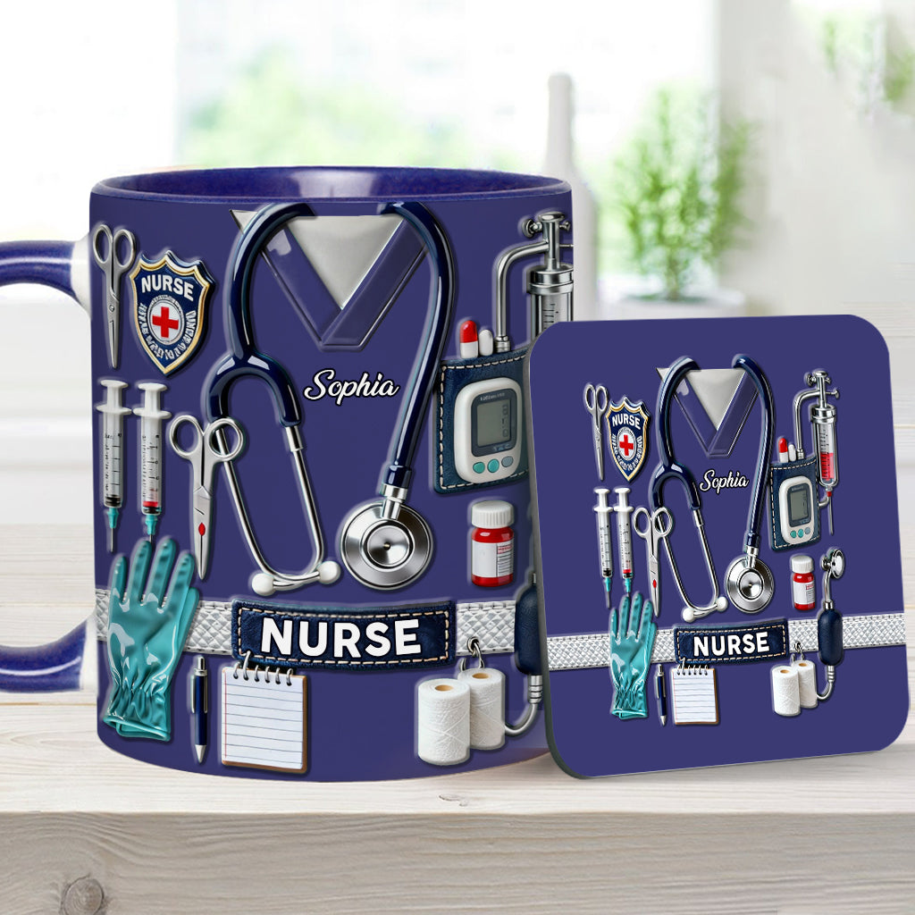 Krankenpflege ist eine Herzensangelegenheit – Personalisierte Tasse und Untersetzer mit Krankenschwester-Motiv