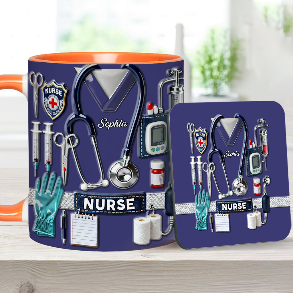 Krankenpflege ist eine Herzensangelegenheit – Personalisierte Tasse und Untersetzer mit Krankenschwester-Motiv