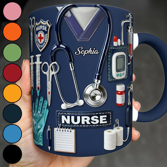 Krankenpflege ist eine Herzensangelegenheit – Personalisierte Tasse und Untersetzer mit Krankenschwester-Motiv