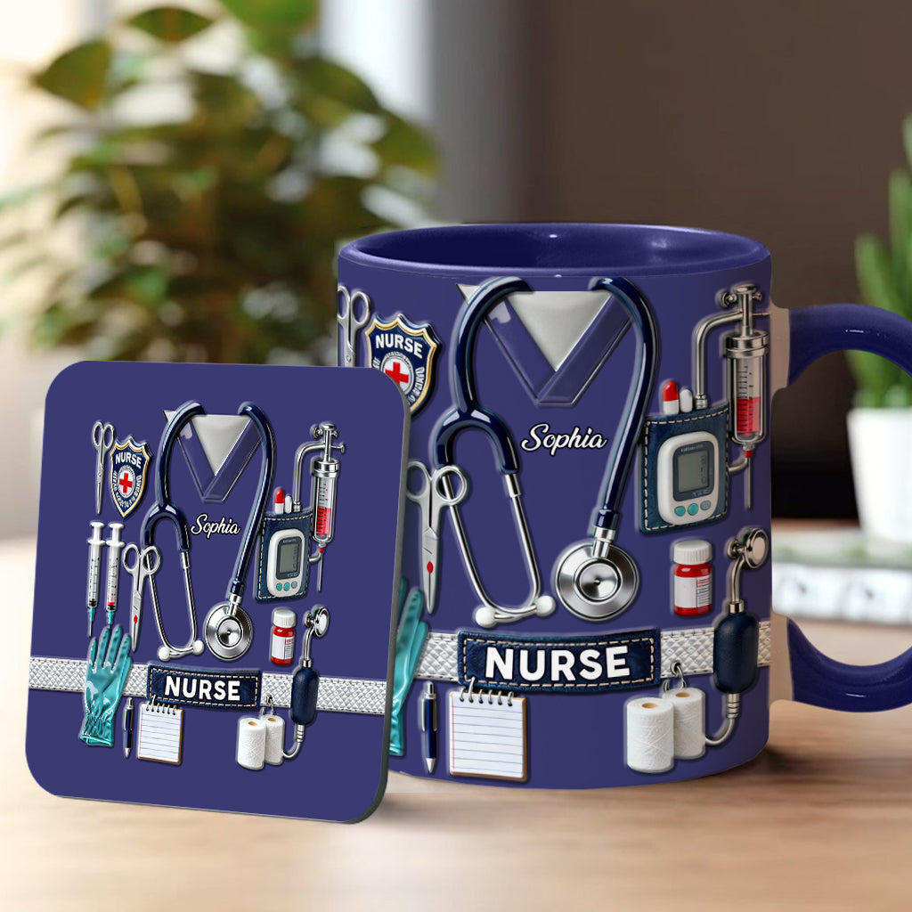 Krankenpflege ist eine Herzensangelegenheit – Personalisierte Tasse und Untersetzer mit Krankenschwester-Motiv