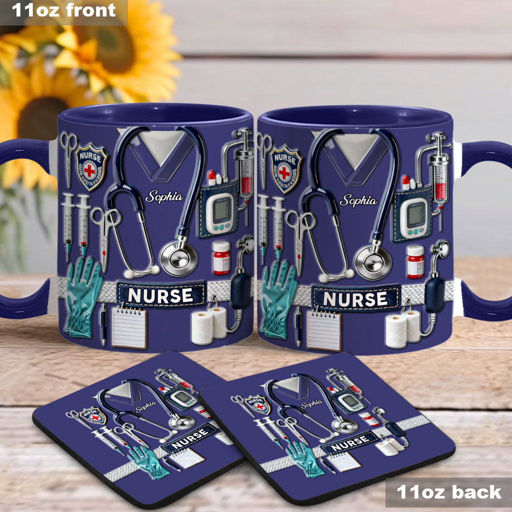 Krankenpflege ist eine Herzensangelegenheit – Personalisierte Tasse und Untersetzer mit Krankenschwester-Motiv