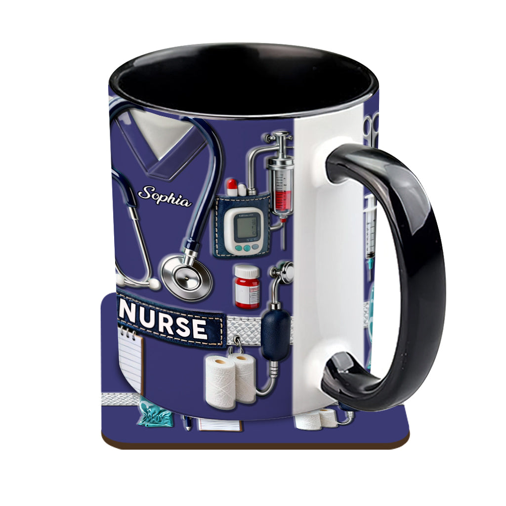 Krankenpflege ist eine Herzensangelegenheit – Personalisierte Tasse und Untersetzer mit Krankenschwester-Motiv